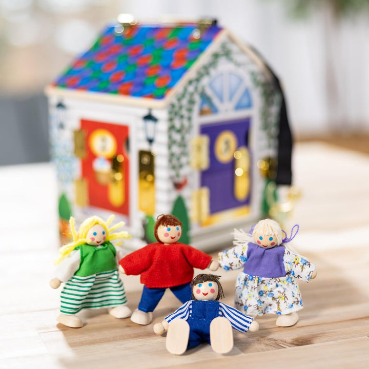 Take-Along Wooden Doorbell Dollhouse - Doorbell Sounds, Keys, 4 Poseable Wooden Dolls Portable Doll House, Doorbell House for Kids Ages 3+