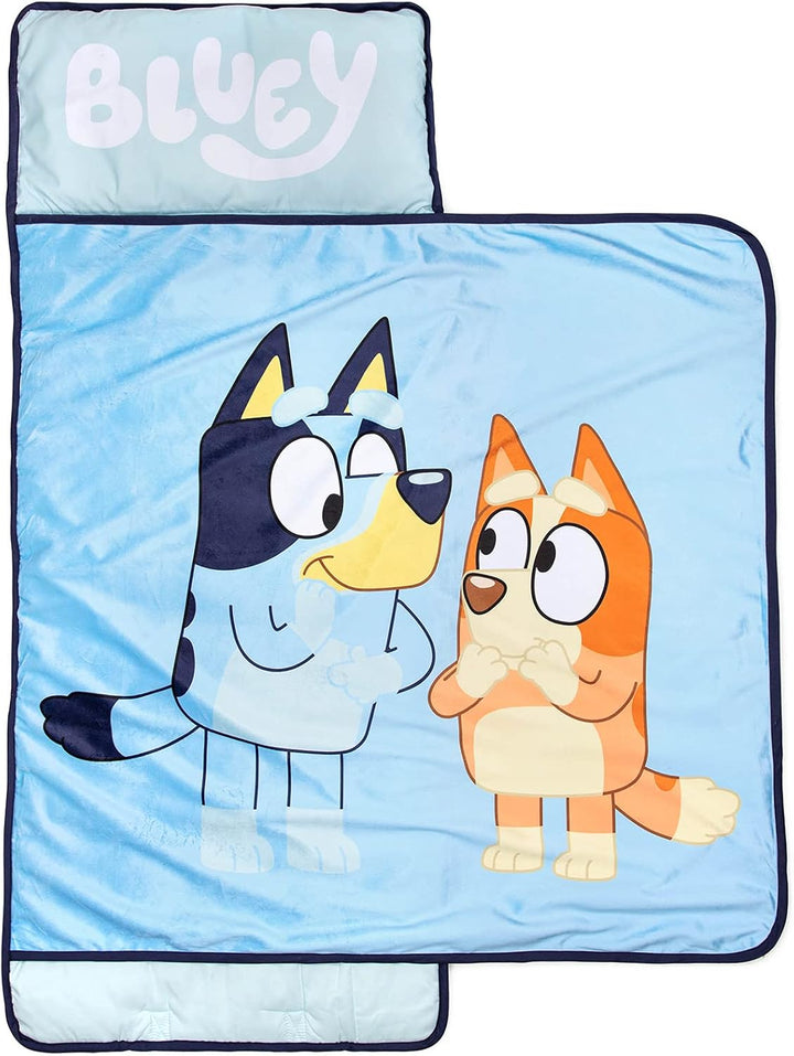 Toddler Nap Mat with Built-In Pillow and Blanket - Soft 46 X 20-Inch Microfiber Kids Sleeping Bag for School or Sleepover, Pink - Bluey & Bingo
