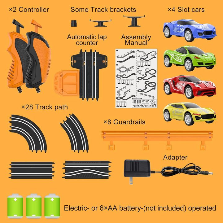Slot Car Race Track Sets with 4 High-Speed Racing Car, Battery or Electric Race Car Track for Boys and Kids, Dual Racing Game Lap Counter Circular Overpass Track, Gifts Toys for Boys Kids Age 6 7 8-12
