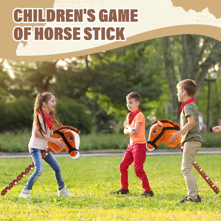 8 Pcs Light Brown Horse Stick with Sound Red Bandana Set 27.6'' Toys Stick Horse Western Cowboy Bandana Horse Head Stick with Neighing Sound for Boys Girls Fun Pretend Games Son Daughter