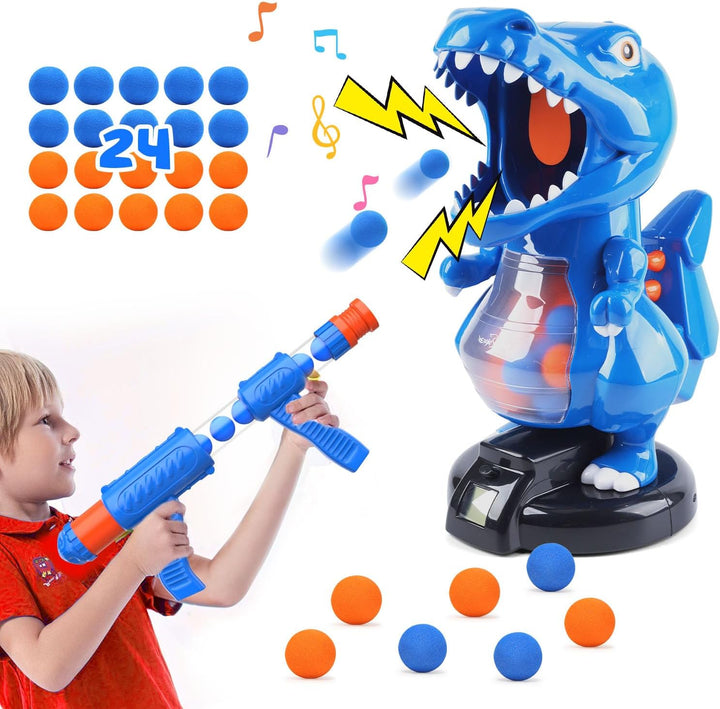 Dinosaur Shooting Toys for Boys 5 6 7 8 9 Years Old, Electronic Kids Target Games W/ Air Pump Gun, LCD Score Record, Sound, 24 Foam Balls, Birthday Party Favor,Christmas Gifts for Toddlers