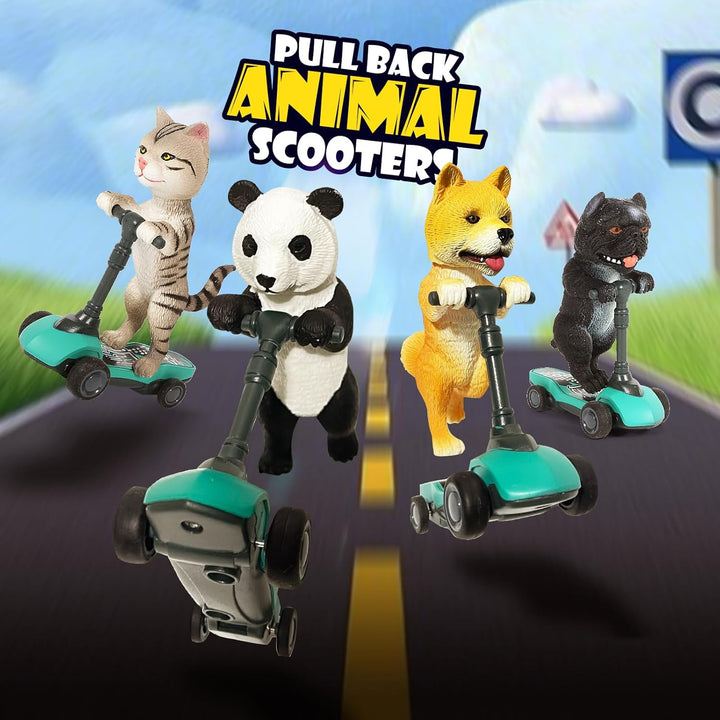 Dog and Cat Toy Scooter Pull Back Cars, 4-Pack Mini Animal Finger Kick Scooters with Panda, Kitten, Shiba Inu, and Bulldog Figures Toys for Boys and Girls Ages 3-6