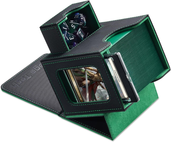 Card Deck Box for MTG Commander - Patented Design, Commander Display, Fits 100 Double-Sleeved Cards, 35Pt Card Brick & Dice Tray - Black/Red