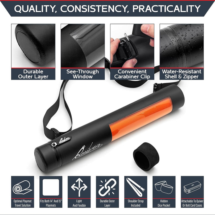 Black XL Orion Playmat Tube - TCG Mtg Playmat Tube Case with Waterproof Zipper, Hidden Dice Pocket, Adjustable Removable Shoulder Strap, See-Through Window, Fits 14" and 15" Playmats