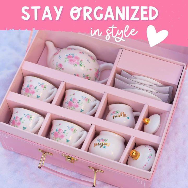 Porcelain Tea Set for Girls - White & Floral Tea Party Set for Kids I Complete Children Tea Sets with Carry Case, Teapot, Cups and More, Birthday Gift for Little Girls & Toddlers