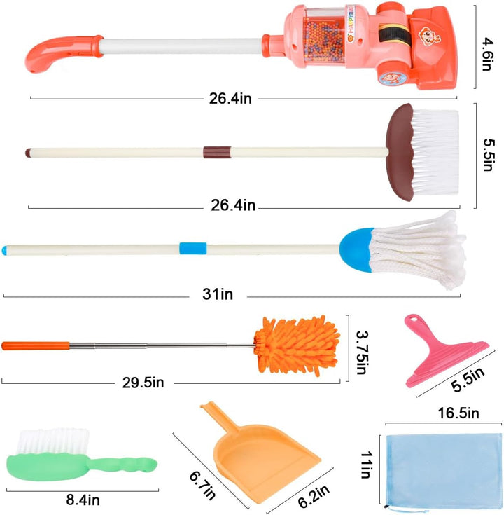 Kids Cleaning Set - 8Pcs Toddler Broom and Toy Vacuum Cleaner, Pretend Play Children House Cleaning Toys, Christmas Birthday Gift for Girls and Boys