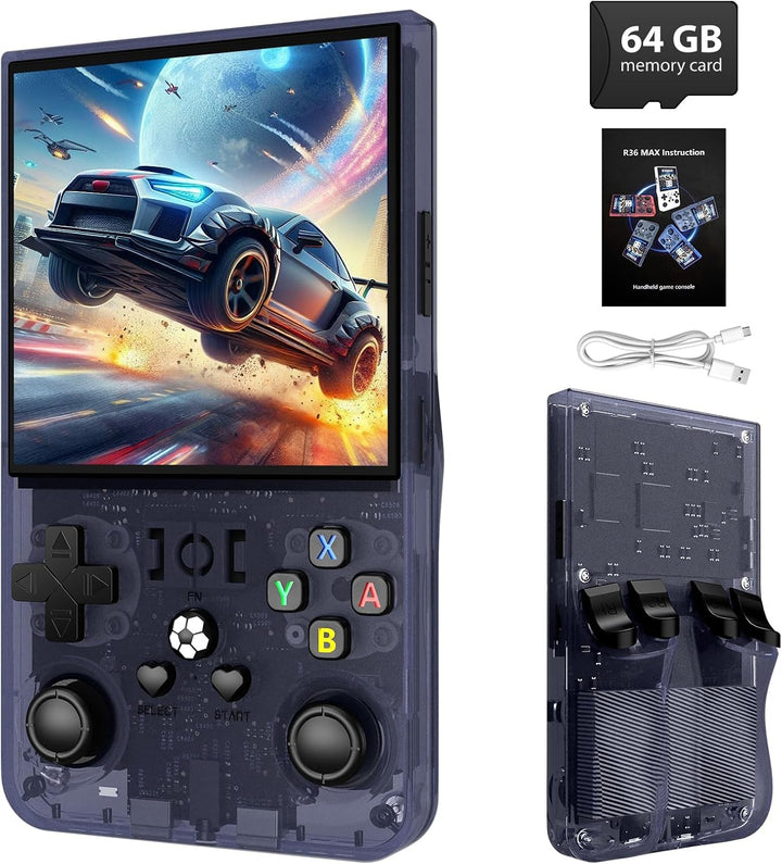 R36MAX Retro Handheld Game Console - 64GB Preloaded Classic Video Games, Support 30+ Simulators, Linux-Powered Portable Game Emulator Console with 4.0-In HD IPS Screen (Transparent Black)