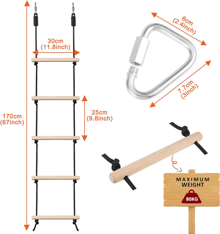 Rope Ladder for Kids Climbing Obstacle Wooden Swing Rope Ladder with 2 Hooks for Kids Climbing Game Hanging Ladder for Swing Accessories, Playground, Play Set