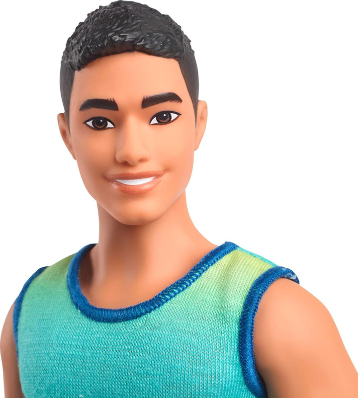 Fashionistas Ken Doll #236 with Black Hair, Wearing Blue and Green Ombre Tank with Jean Shorts and Silver Sneakers