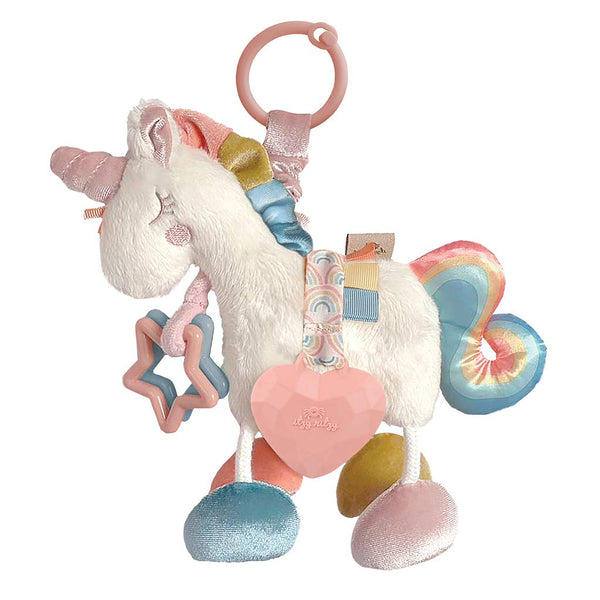 Link & Love Toy for Stroller or Car Seat; Features Textured Ribbons, Crinkle Sounds, Clinking Rings & Silicone Teether; Designed for Ages 0 Months and up (Unicorn)