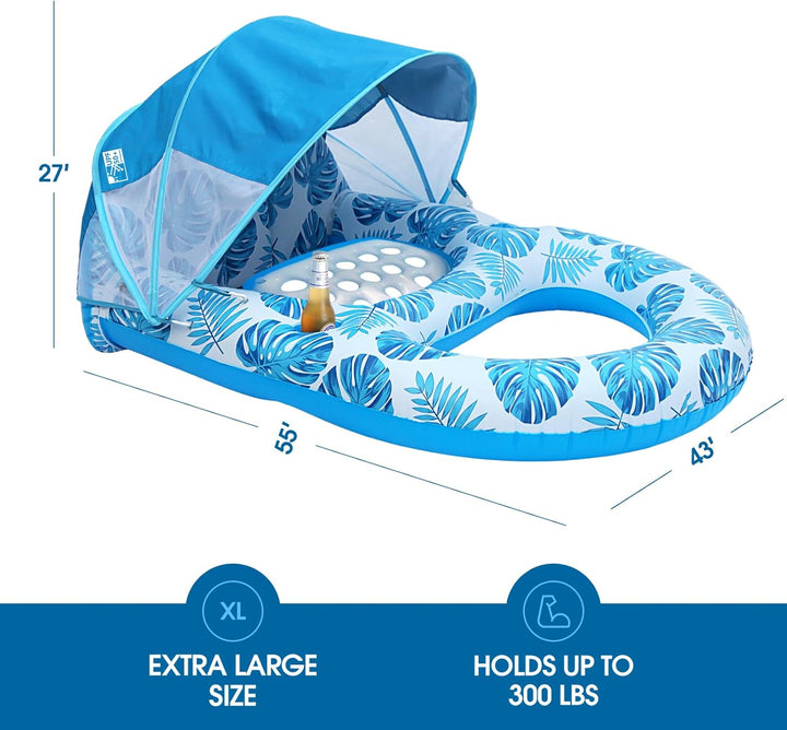 Pool Lounge Float with Canopy Upf50+,Extra Large Pool Floats for Adults Heavy Duty,Inflatable Lounger Float with Cup Holder & Backrest,Footrest