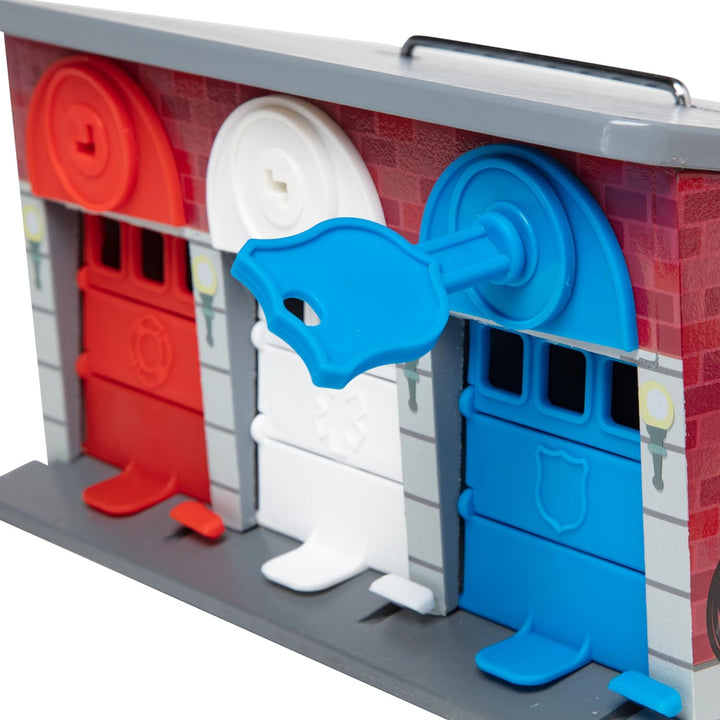 Toy Keys and Cars Wooden Rescue Vehicles and Garage (7 Pcs) Toddler Pull Back Toys, Toy Garage for Kids Ages 3+