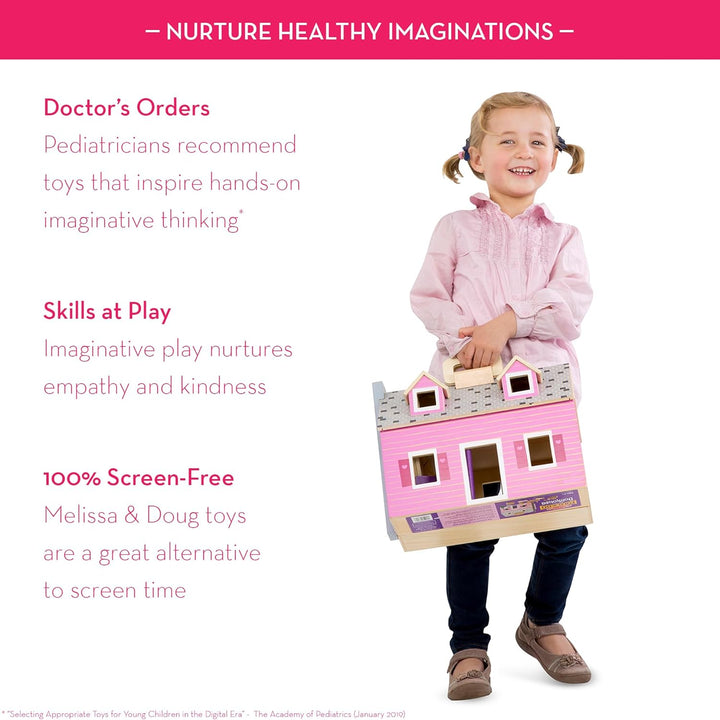 Fold and Go Wooden Dollhouse with 2 Dolls and Wooden Furniture,Multi,One Size