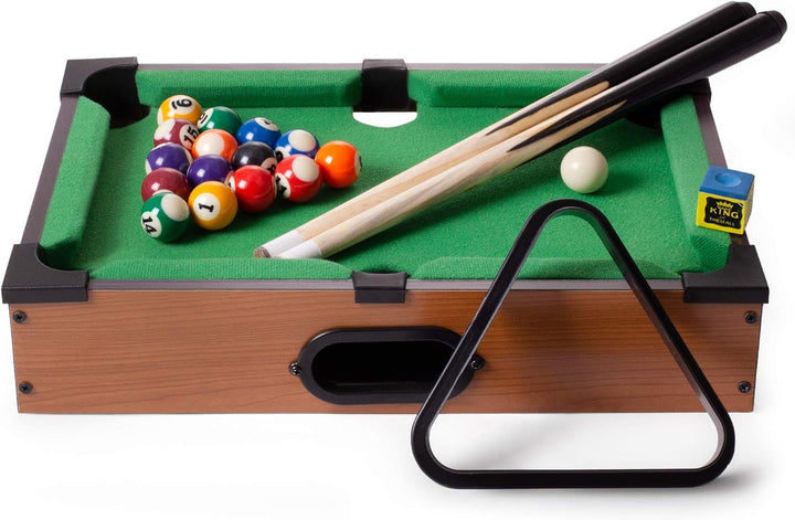 Tabletop Pool, Mini Pool Table & Billiard Set | Small Billiards Game with 16 Resin Balls, 2 Pool Cues, Triangle Rack, & Chalk | Travel-Friendly & Office Desk Games, Bartop, or Home Use & Easy Storage