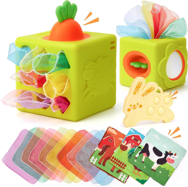 Baby Tissue Box Toy - Silicone Baby Toys 6-12 Months Montessori Toys for 6 Month Old, 6-In-1 Soft Busy Activity Cube with Scarves, Crinkle, Textures, Mirror, Sensory Popper, 12-18 Months Toy