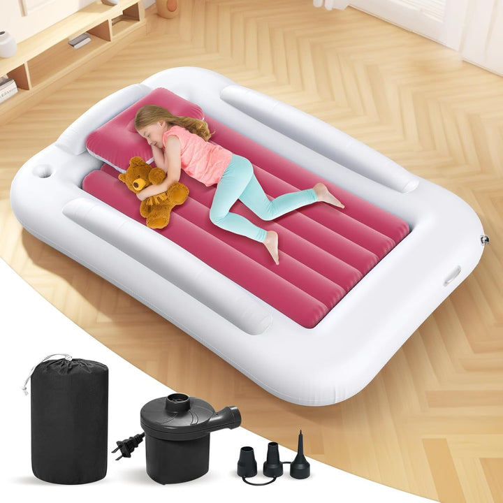 Inflatable Toddler Travel Bed - 60 Inches Portable Toddler Bed for Travel with Safety Sides - Cozy Kids Air Mattress Set with High-Speed Pump & Carry Case - Lightweight & Easy to Inflate -Blue