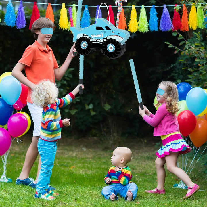 Shark Truck Pinata - Monster Truck Pinata with Blindfold and Bat for Kids Shark Monster Truck Theme Birthday Party Game Decorations (16.7”X10.2”X3”)