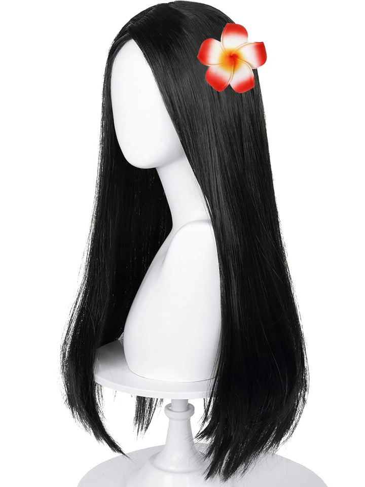 Long Straight Black Kids Wig with Flower Hair Clip, Wigs for Girls Toddler Cosplay 27.6'' Synthetic Hair + Wig Cap for Halloween Party Daily Costumes