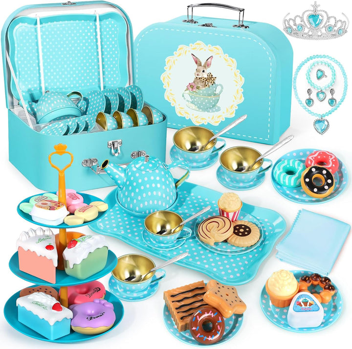 Tea Party Set for Little Girls, 49PCS Princess Tea Time Toys Including Tea Set Dessert Carrying Case, Kids Kitchen Pretend Playset, Tea Set for Girls Birthday Toddler Age 3-8, Pink