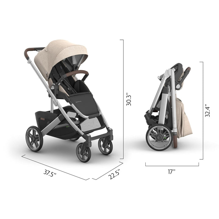 Cruz V3 Stroller - from Birth + Car Seat Compatible - Full-Size, Reversible Seat - Infant Insert, Bug and Rain Shields Included - Declan (Oat Mélange/Silver Frame/Chestnut Leather)