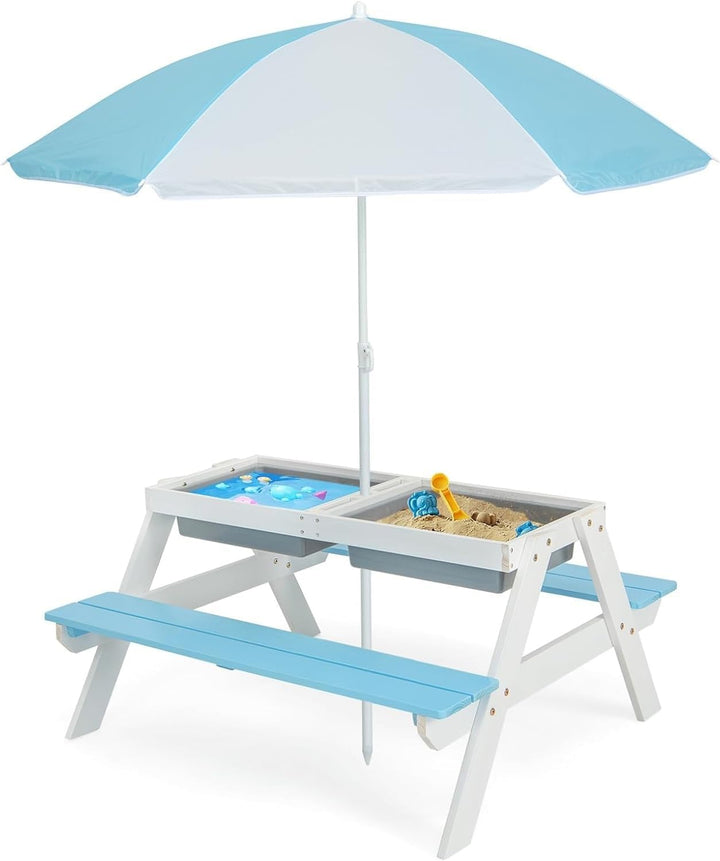 Kids Picnic Table, Outdoor Toddler Wooden Table and Chair Set with Removable Umbrella, Children Activity Furniture Bench Set for Patio Garden Backyard
