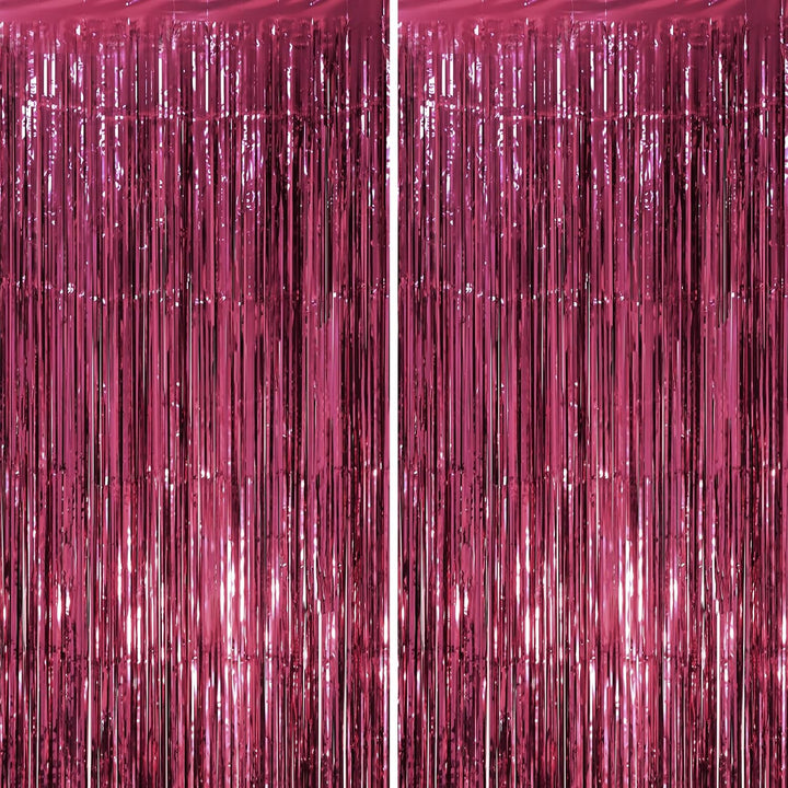 2 Pack Laser Pink Tinsel Foil Fringe Curtains, Mothers Day Pink Decorations, Metallic Tinsel Party Streamers Backdrop for Birthday Bachelorette Graduation Wedding Party Decorations