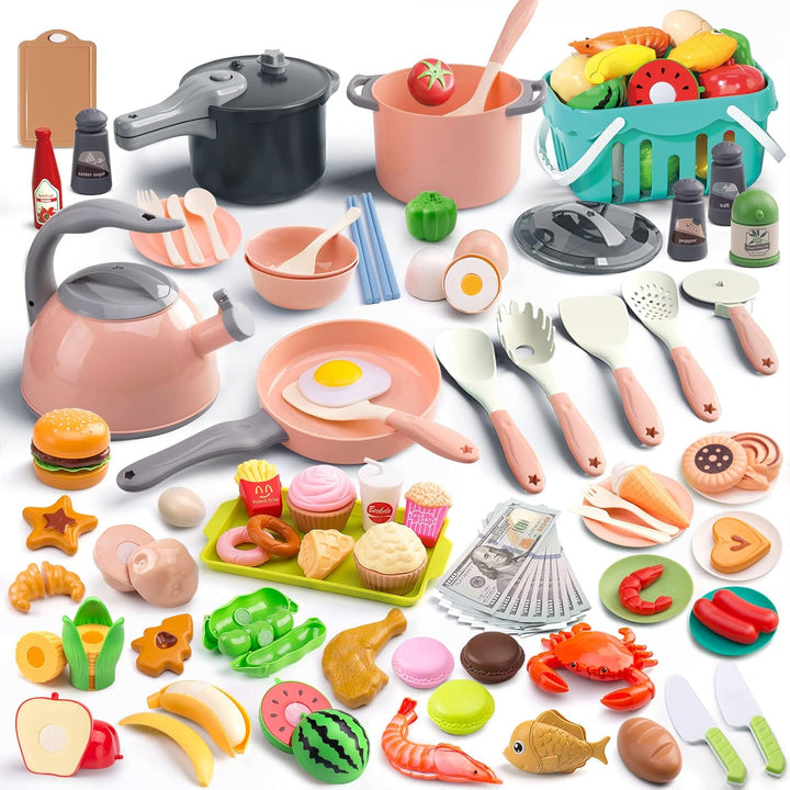 130Pcs Kitchen Playset, Toddler Pretend Cooking Play Pots, Pans, Utensils Cookware, Daily Food Fruit Veges, Shopping Storage Basket, Dessert, Prop Money, Learning Gift for Child (Blue)