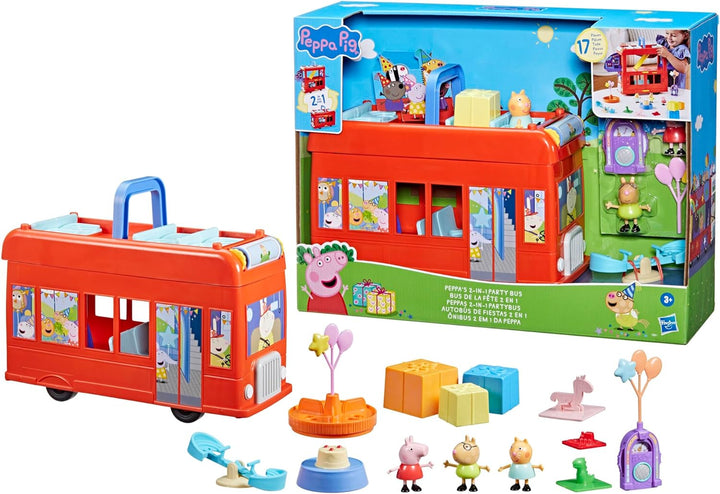 2-In-1 Party Bus Playset with 3 Figures and 13 Accessory Pieces, Preschool Toys for Girls and Boys, Kids Gifts, Ages 3+