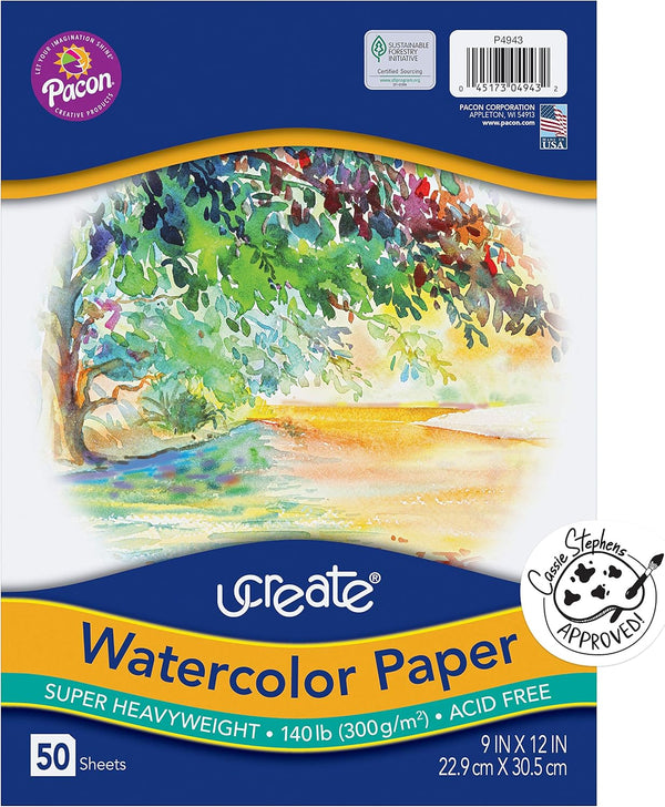 Watercolor Paper, White, Package, 140 Lb., 9" X 12", 50 Sheets