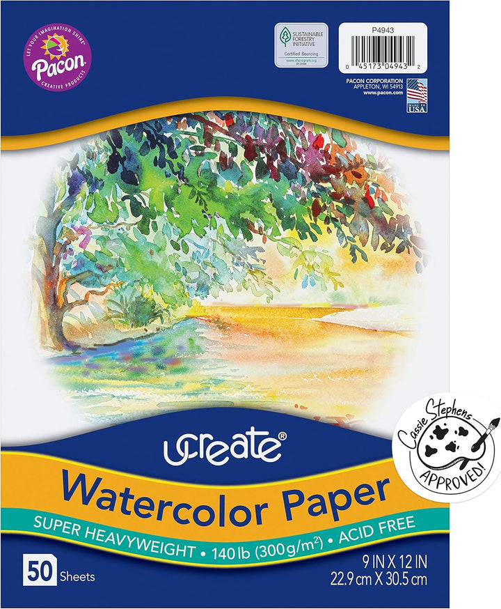Watercolor Paper, White, Package, 140 Lb., 9" X 12", 50 Sheets