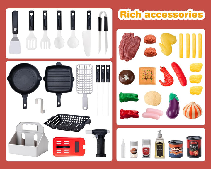 Kids BBQ Grill Kitchen Playset with Sound & Smoke, Play Toy Grill Set for Kids，Play Food Toys Cooking Set，Toy Gift for Toddler Age 3-5