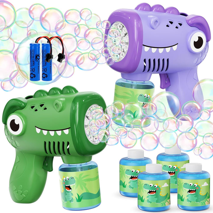 Kids Bubble Gun 2 Pack Dino Bubble Machine Gun for Toddlers with 4 Solutions Automatic 13-Hole Bubbles for Kids Blower Maker Easter Basket Essentials Stocking Stuffers Gift Party Favors for Boys Girls