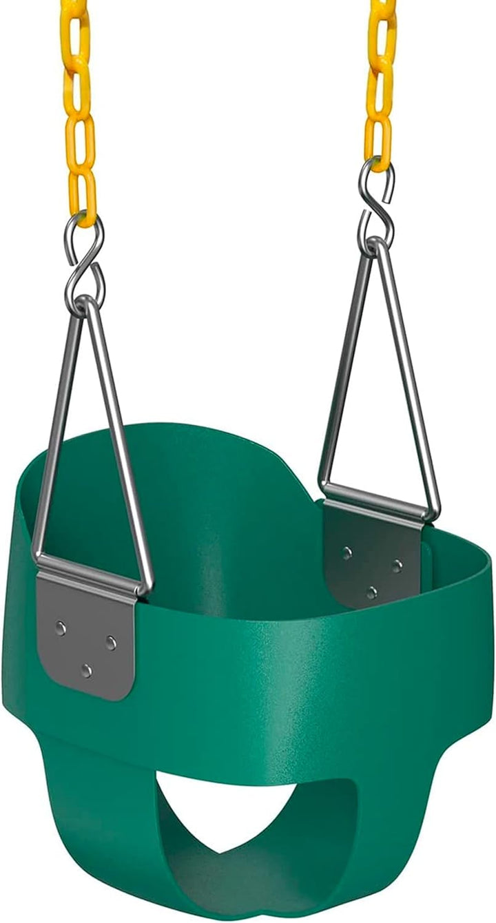 Baby Swing Outdoor - Heavy Duty Toddler Swing Set Accessories, High Back, Full Bucket Seat with Coated Chains for Outdoor Use - Fully Assembled - Green
