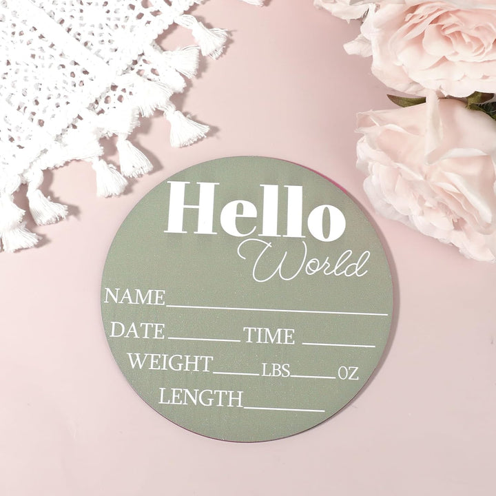 Wooden Baby Name Announcement Sign, 7.08" Birth Announcement Sign Hello World Newborn Photo Prop for Babies for Baby Shower Party Gift Keepsakes (Green)