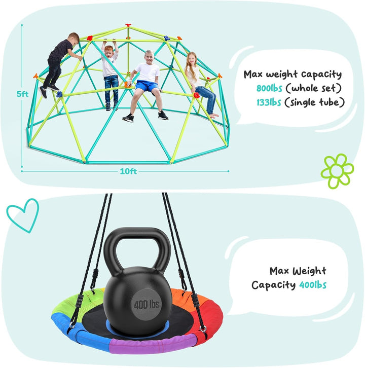 10 Ft Climbing Dome Swing Set with Saucer Swing, Jungle Gym for Kids Outdoor Backyard, Supports 800Lbs, Easy Asssembly, Rust-Resistant Outdoor Playset for Ages 3-8 8-12