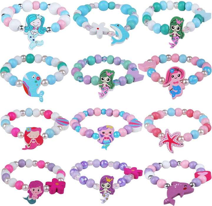 12 Pcs Kids Bracelets for Toddlers Girls - Unicorn Party Favors Pinata Stuffers Birthday Goodies Bag Stuffers Fillers, Cute Wooden Beaded Bracelets Rainbow Heart Pendants Play Jewelry Gifts