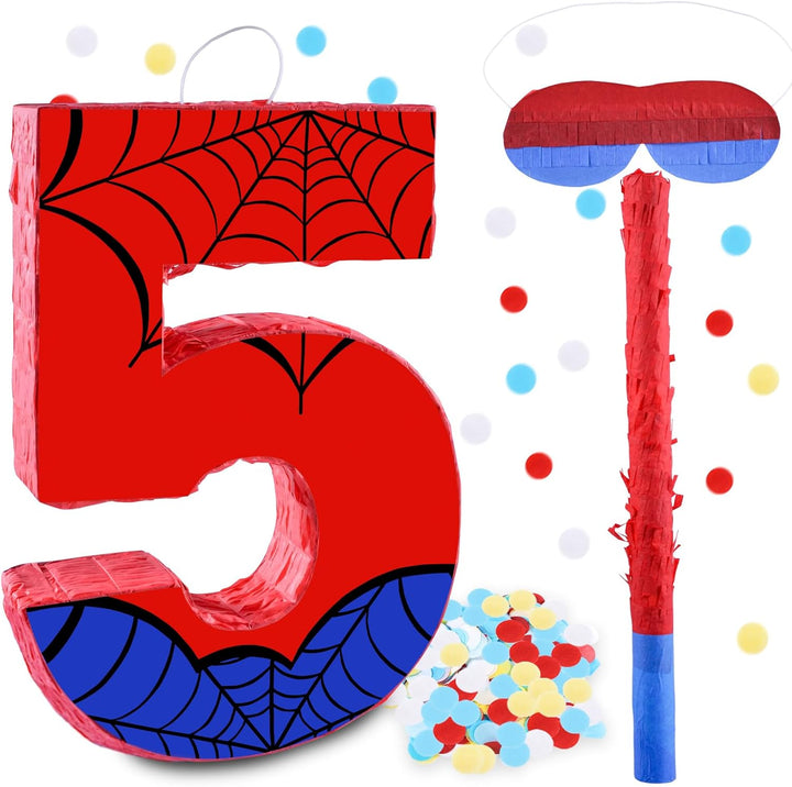 16 Inch Number 4 Spider Pinata with 16 Inch Piñata Stick Blindfold Confetti for Boy Girl Kids 4Th Birthday Party Decorations (4Th)