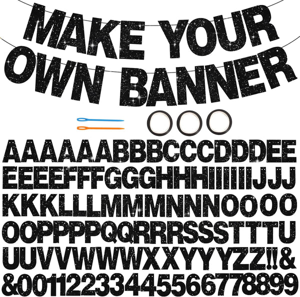116 PCS A-Z Glitter Black DIY Letter Banner Kit Make Your Own Banner，Including 111 Letters and Numbers 3 Rope and 2 Threading Device,Customized for Birthday Graduation Wedding Party Decor