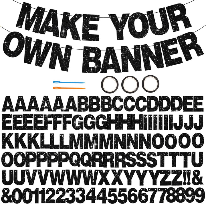 116 PCS A-Z Glitter Black DIY Letter Banner Kit Make Your Own Banner，Including 111 Letters and Numbers 3 Rope and 2 Threading Device,Customized for Birthday Graduation Wedding Party Decor