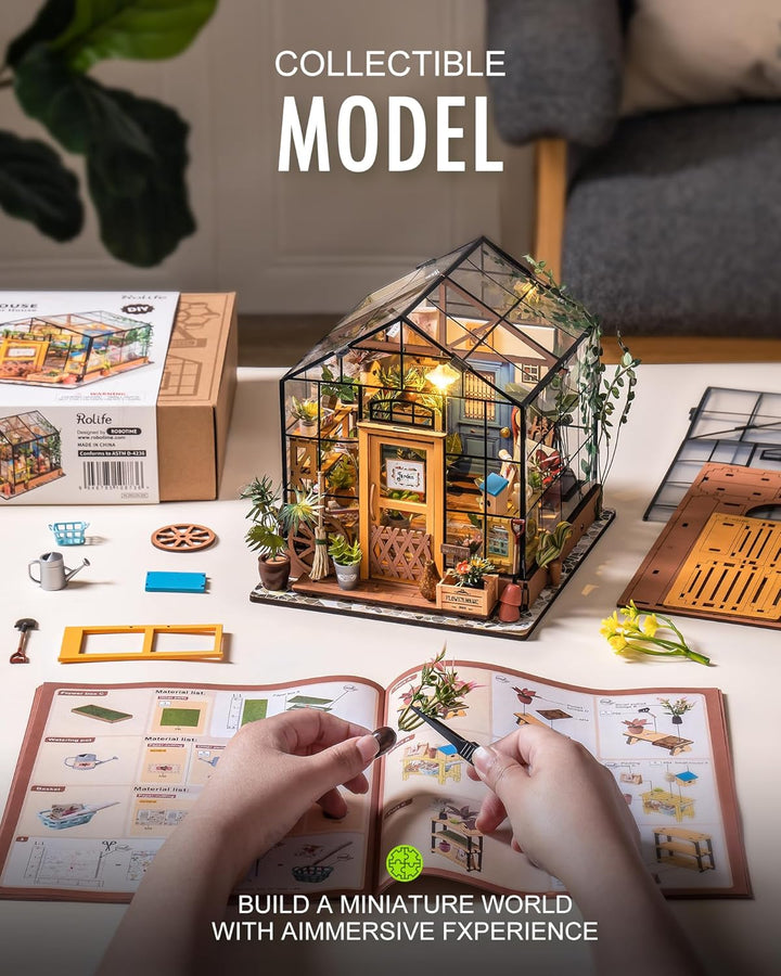 DIY Miniature House Kit Greenhouse, Tiny House Kit for Adults to Build, Mini House Making Kit with Furniture, Halloween/Christmas Decorations/Gifts for Family and Friends (Cathy'S Greenhouse)