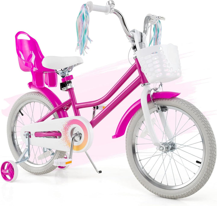 Kids Bike, 12 14 16 18 Inch Girls Bike W/Training Wheels, Doll Seat, Streamers, Handbrake & Coaster Brake, Fully Enclosed Chain, Princess Style Children Bicycle, Gift for Girls 3-8