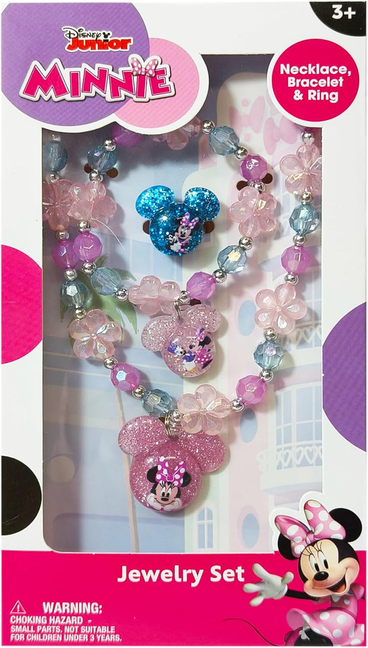 Disney Minnie Girls Jewelry Set - Dress up Toy Jewelry Box Sets with Bead Necklace, Bead Bracelet and Ring - Play Accessories - Ages 3+