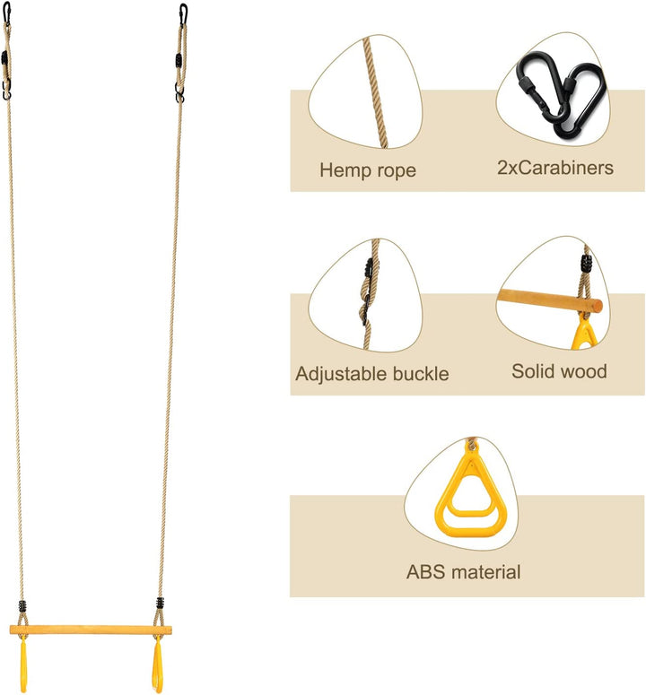 Wooden Trapeze with Plastic Gym Rings Trapeze Swing Bar with Adjustable Rope for Indoor Playground 2 in 1 Swing Set Yellow