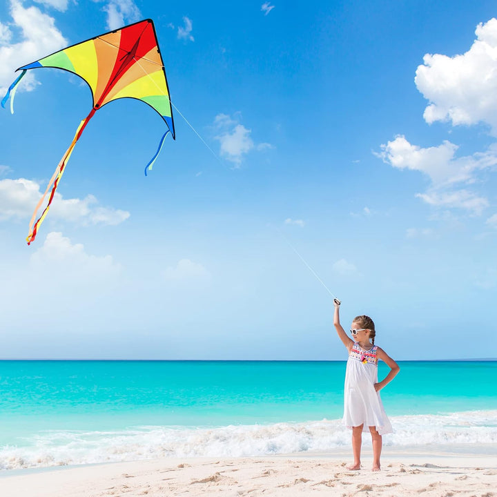 3 Packs Large Delta Kite Green, Blue and Rainbow, Easy to Fly for Kids with 262.5 Ft String, Large Delta Beach Kite for Outdoor Games and Activities