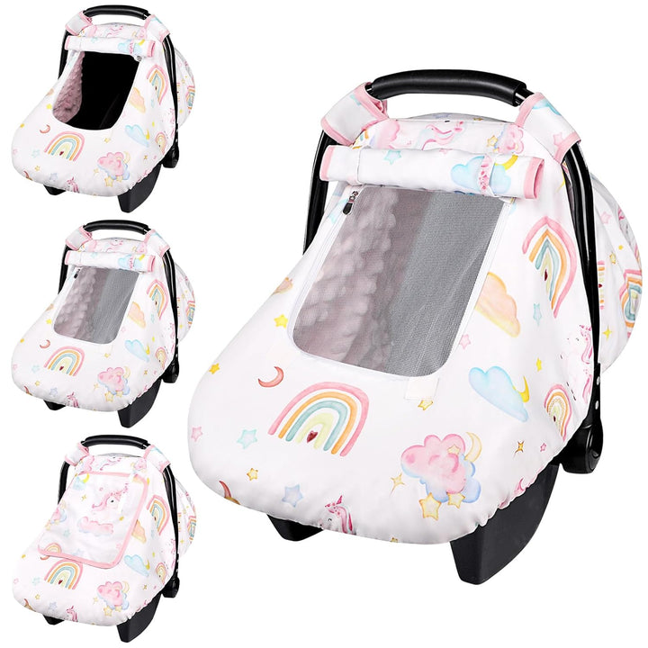Floral Baby Carseat Cover Girls,  Infant Car Seat Covers Canopy for Newborn with 2 Layers Windows of Breathable Mesh/Fabric, Lightweight Polyester/Minky Dot Backing, Snug Fit Most Baby Car Seat