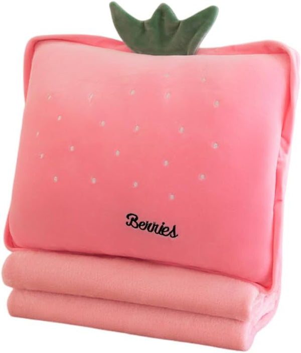15" Stuffed Fruit Travel Blanket and Pillow Set,3 in 1 Plush Stuffed Hugging Pillow with Warming Hands Pillow Blanket for Kids Gift Travel Airplane Train Bed Office Nap (Pink - Strawberry)