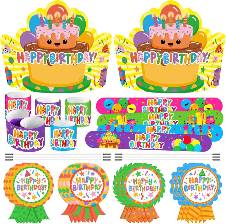 108 Pcs Birthday Crowns Party Hats for Kids Classroom, Include Happy Birthday Badge Stickers, Elastic Band and Slap Bracelet