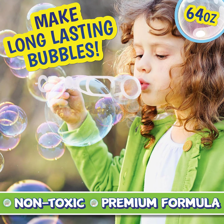 Bubble Solution Refill with Wand 64Oz Non Toxic (1/2 Gallon), Kids Easy Grip Bottle Refill for Bubble Machine, Bubble Wands, Bubble Toys