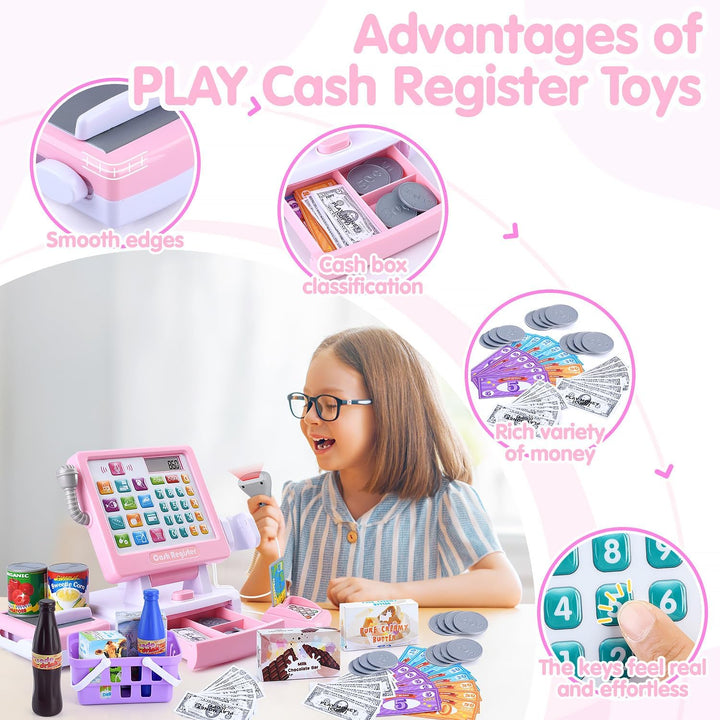 Kids Cash Register Toy - Pretend  Calculator Register Toys with Microphone/Conveyors/ Money/Scanner/Credit Card/Cans/Drink, 3+ Toddler Develops Early Math Skills Learning Toys