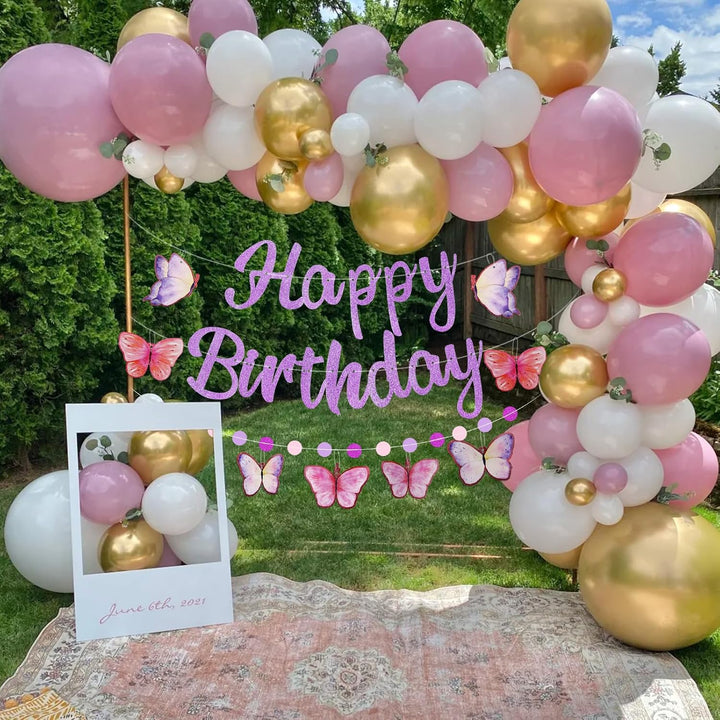 Purple Birthday Decorations, Pre-Strung Happy Birthday Banner with Butterflies and Circle Dot Garland, NO DIY Butterfly Party Decorations for Women Girls Men Boys